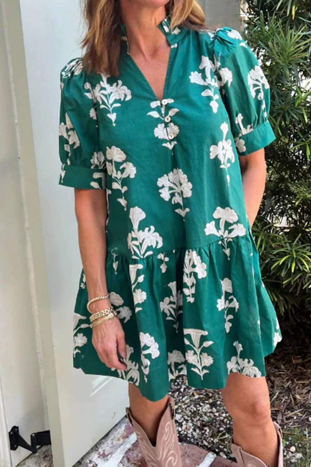 Frilled V-Neck Puff Short Sleeve Floral Mini Dress in Turquoise for Women