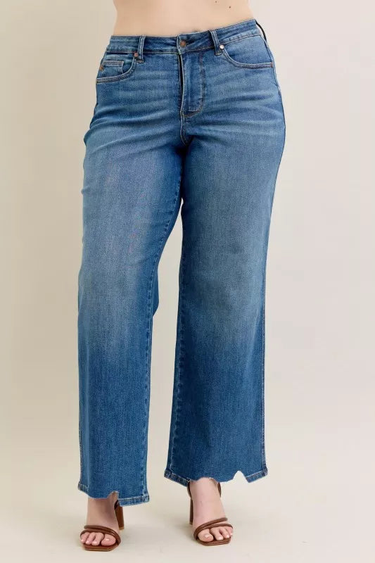 High Waist Tummy Control Chew Hem Destroy Wide Jeans Plus Size in Md for Women