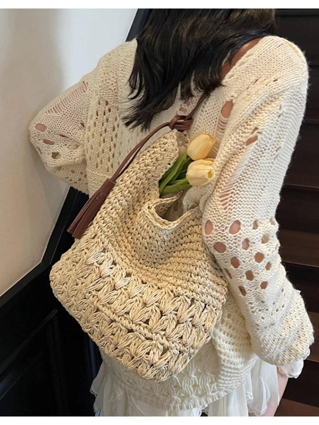 Woven Straw Shoulder Bag with Tassels for Women