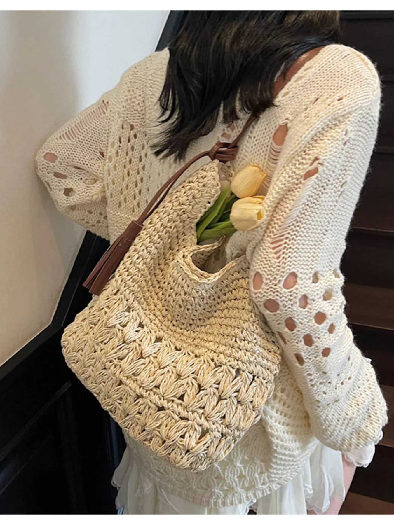 Woven Straw Shoulder Bag with Tassels for Women