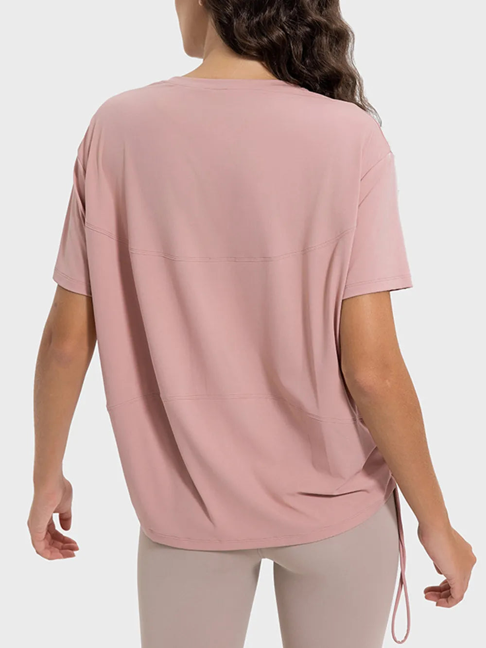 Drawstring Round Neck Short Sleeve Active T-Shirt in Dusty Pink for Women