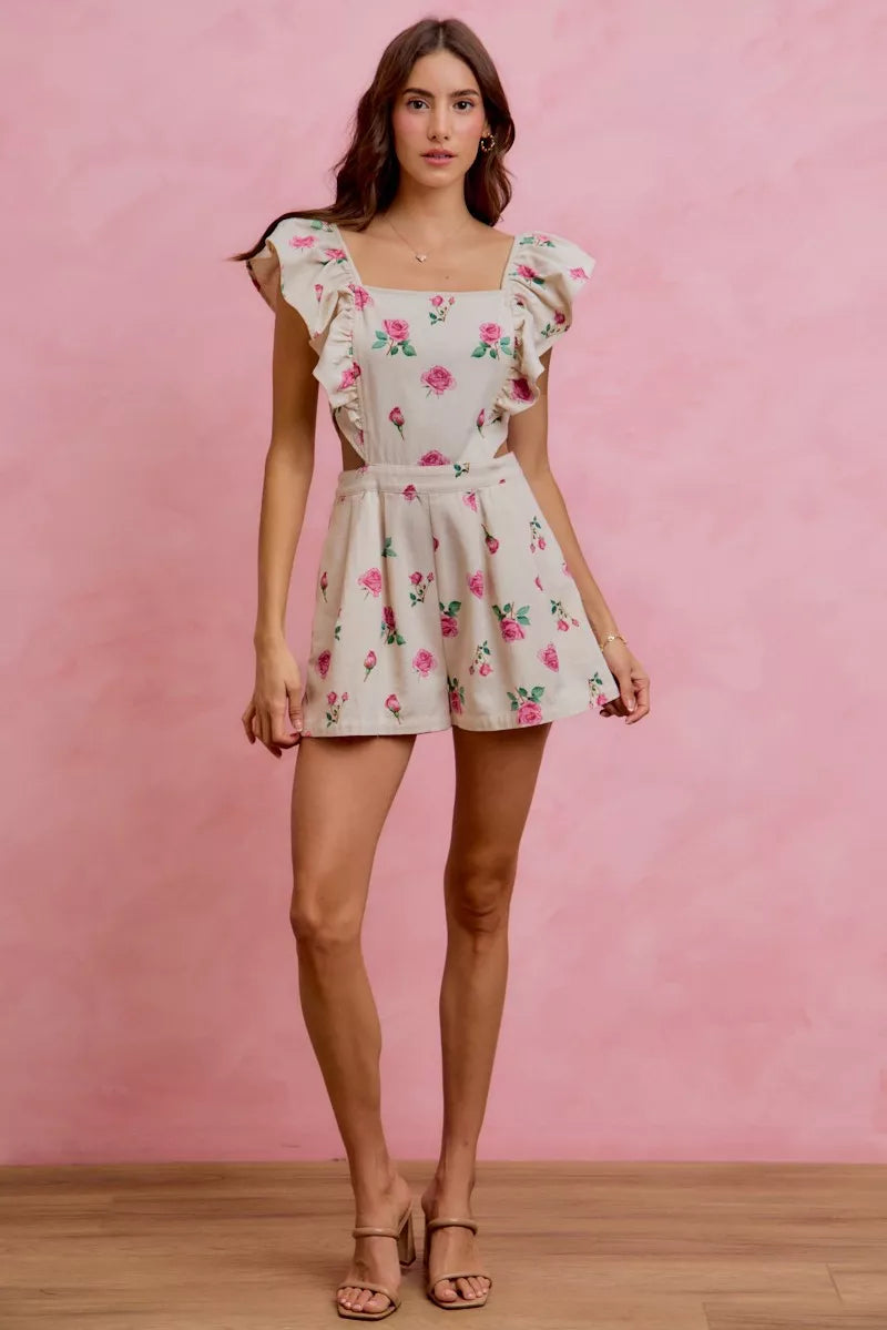 Floral Print Denim Cut Out Waist Ruffled Romper for Women
