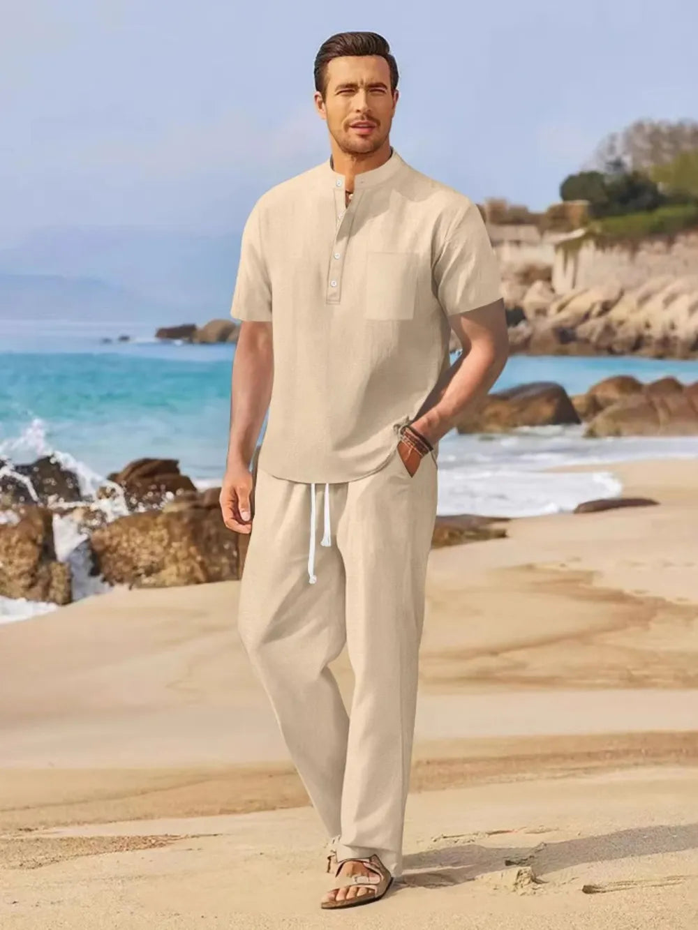 Half Button Top and Drawstring Pants Set Plus Size in Black for Men