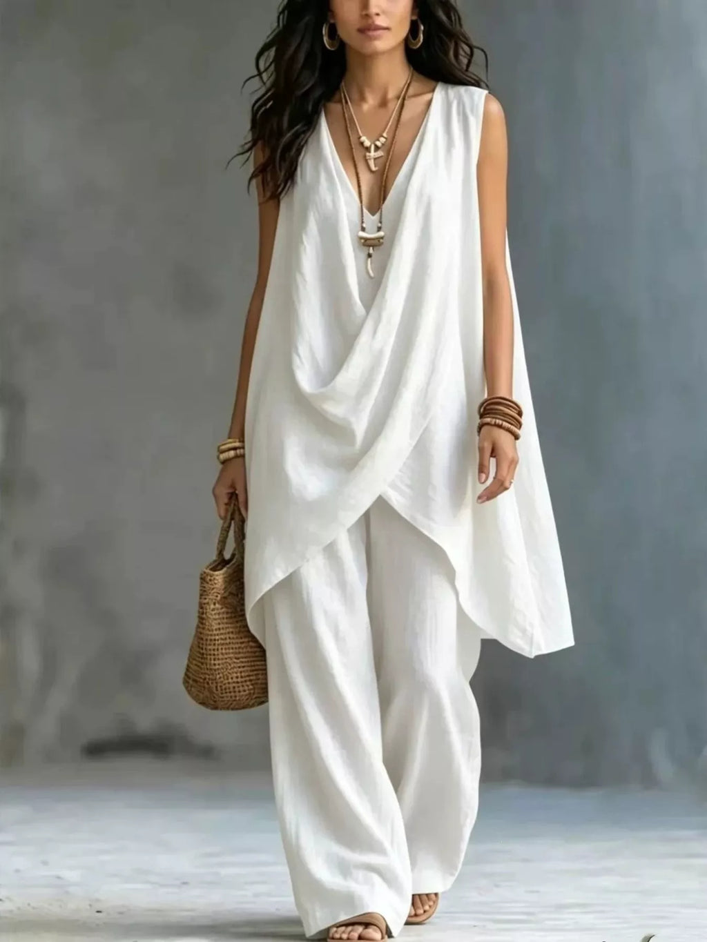 Sleeveless Asymmetrical Top and Wide Leg Pants Set in White for Women