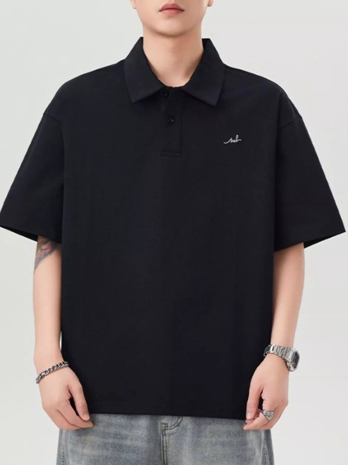 Plus Size Button Detail Short Sleeve Polo in Military Green for Men