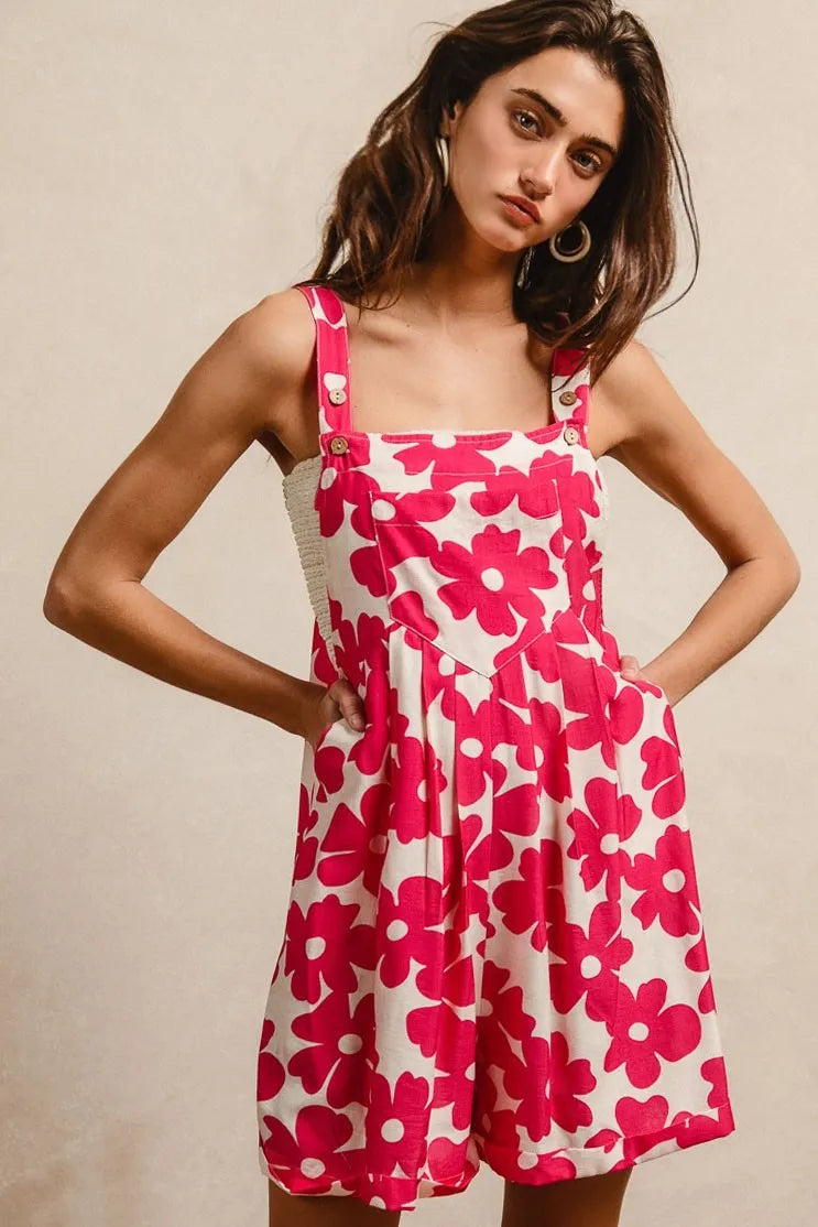 Floral Prints Tuck Detail Short Overall with Pockets in Fuchsia for Women