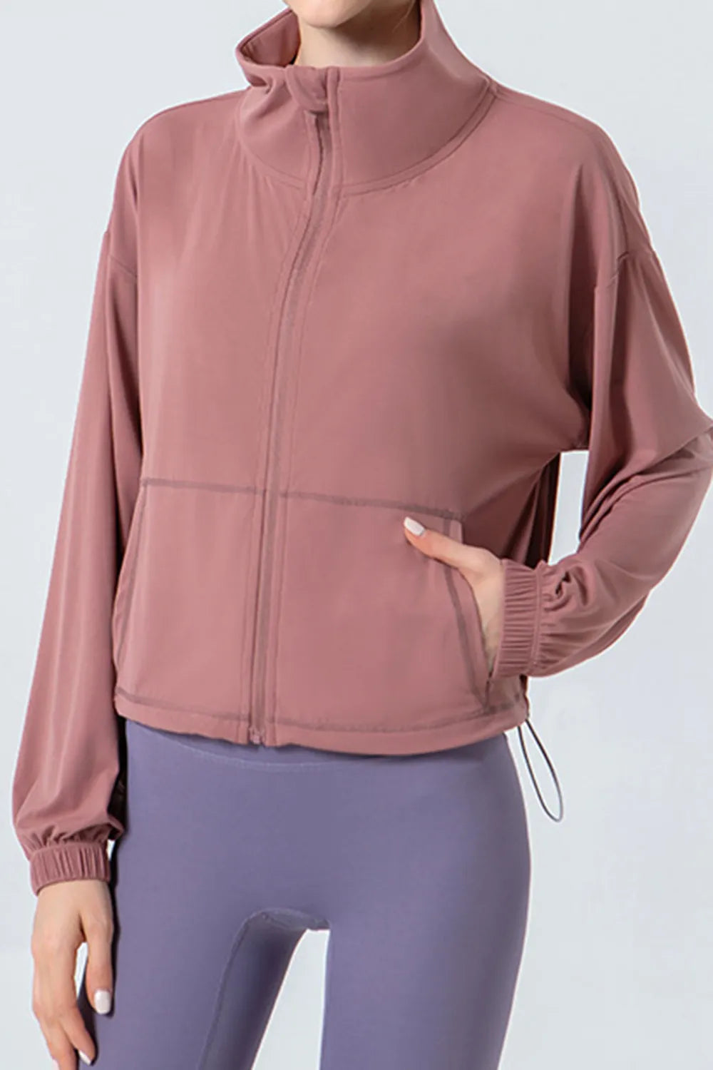 Drawstring Zip Up Dropped Shoulder Active Outerwear in Dusty Pink for Women