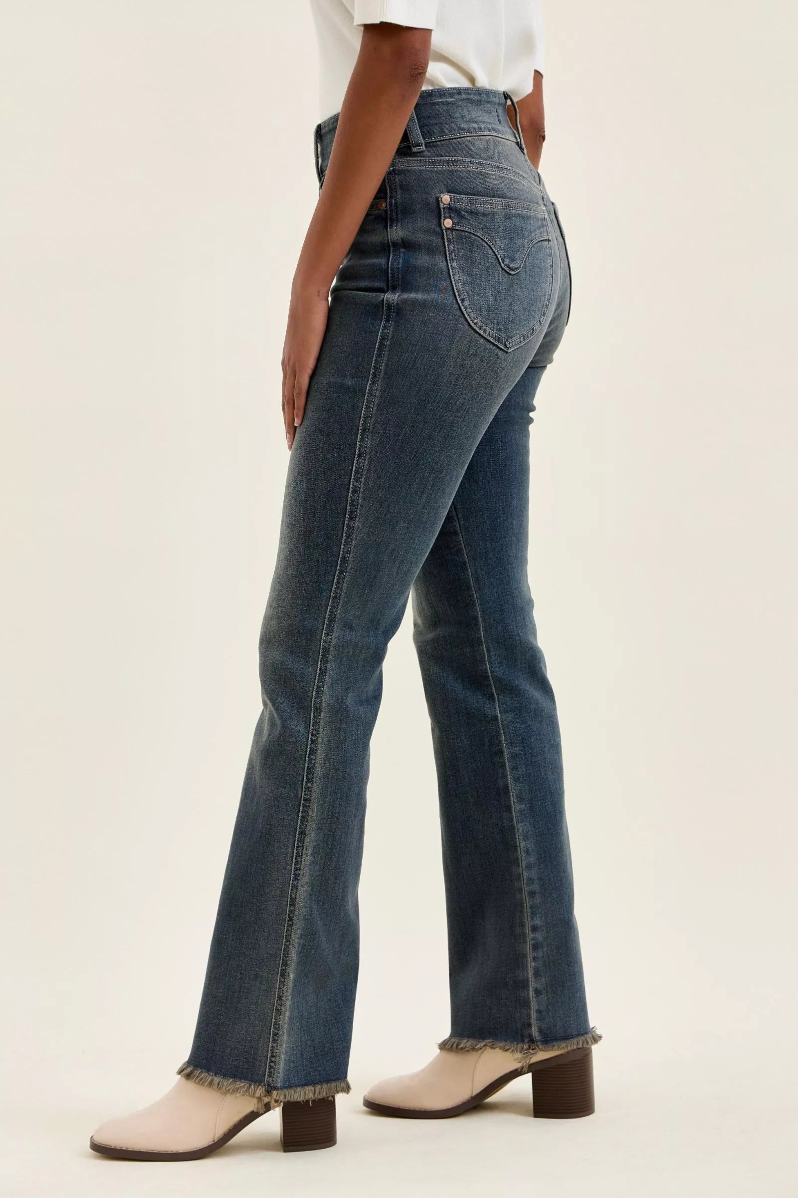 High Waist Double Button Frayed Hem Jeans in Md for Women
