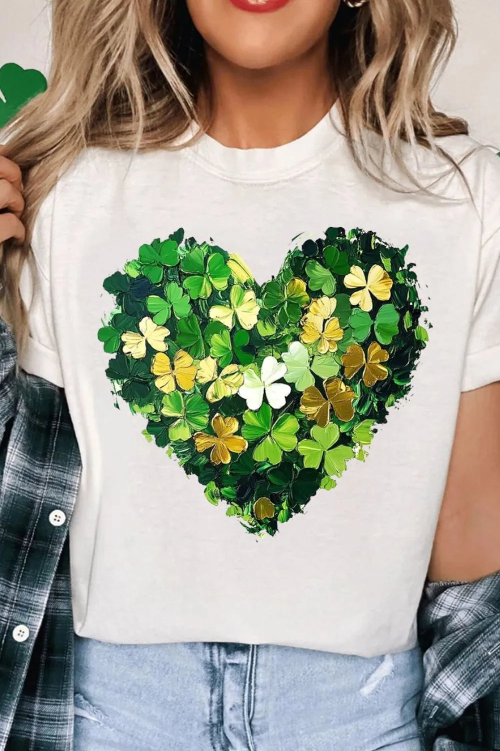 Clover Heart Round Neck Short Sleeve T-Shirt in White for Women
