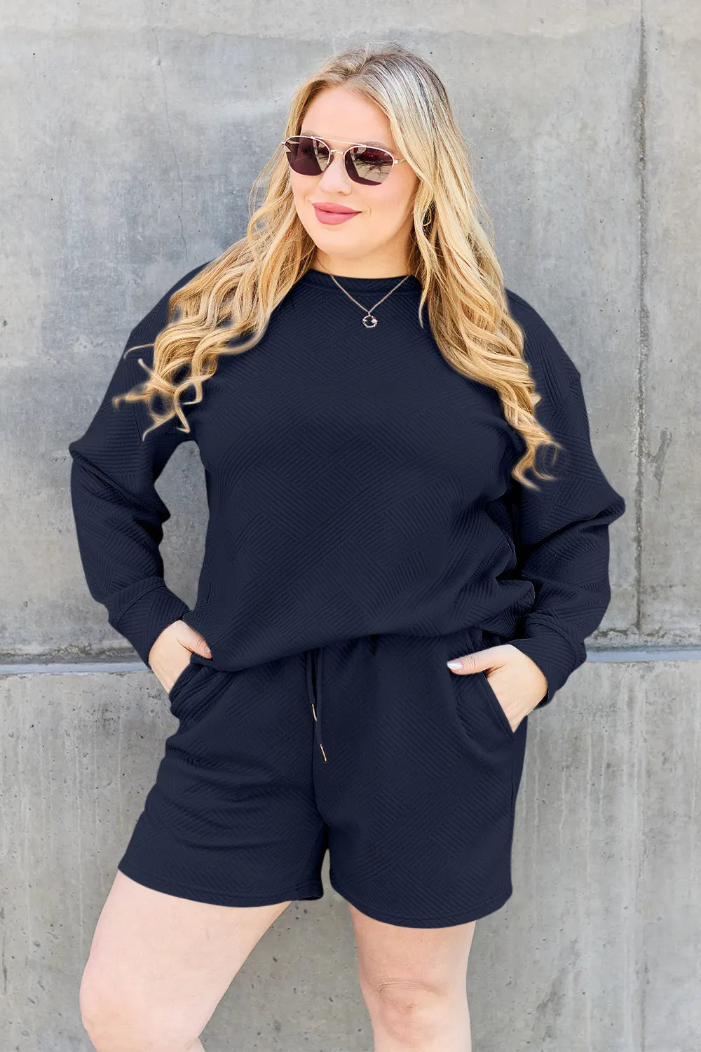 Plus Size Texture Long Sleeve Top and Drawstring Shorts Set in Cloudy Blue for Women