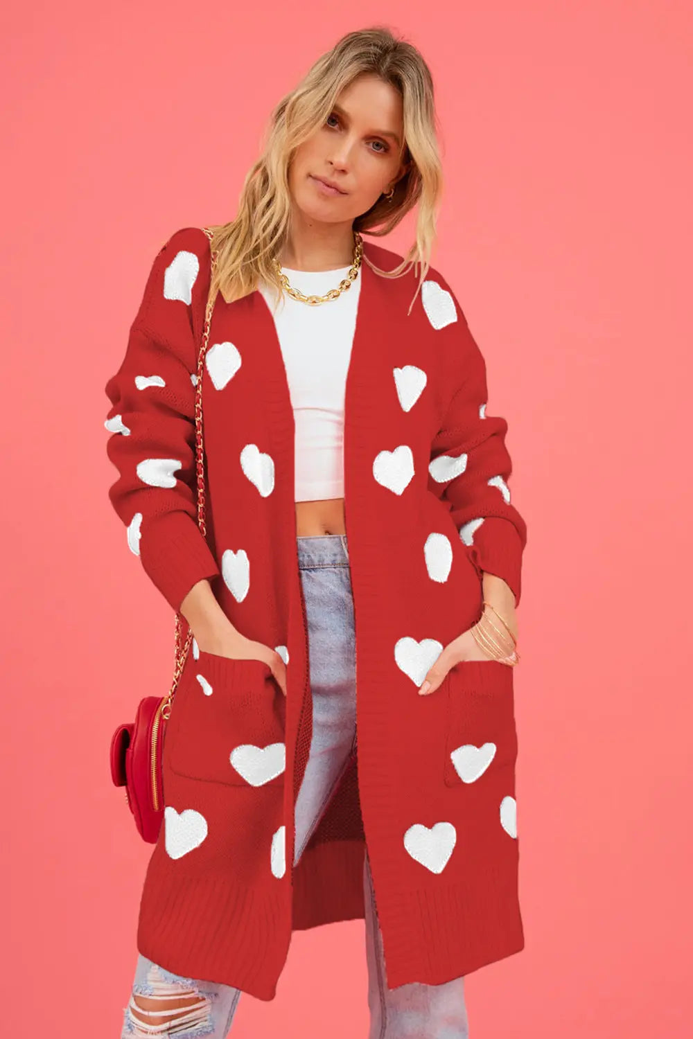 Heart Graphic Open Front Cardigan with Pockets in Black for Women