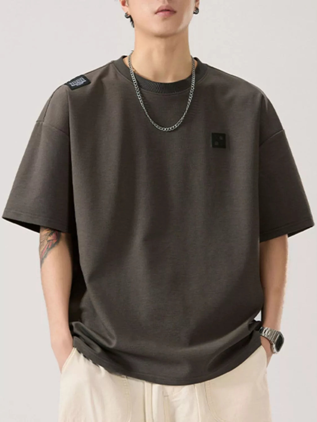 Round Neck Short Sleeve T-Shirt Plus Size in Black Gray for Men