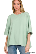 Scuba Round Neck Top with Side Slits Plus Size in Dusty Green for Women