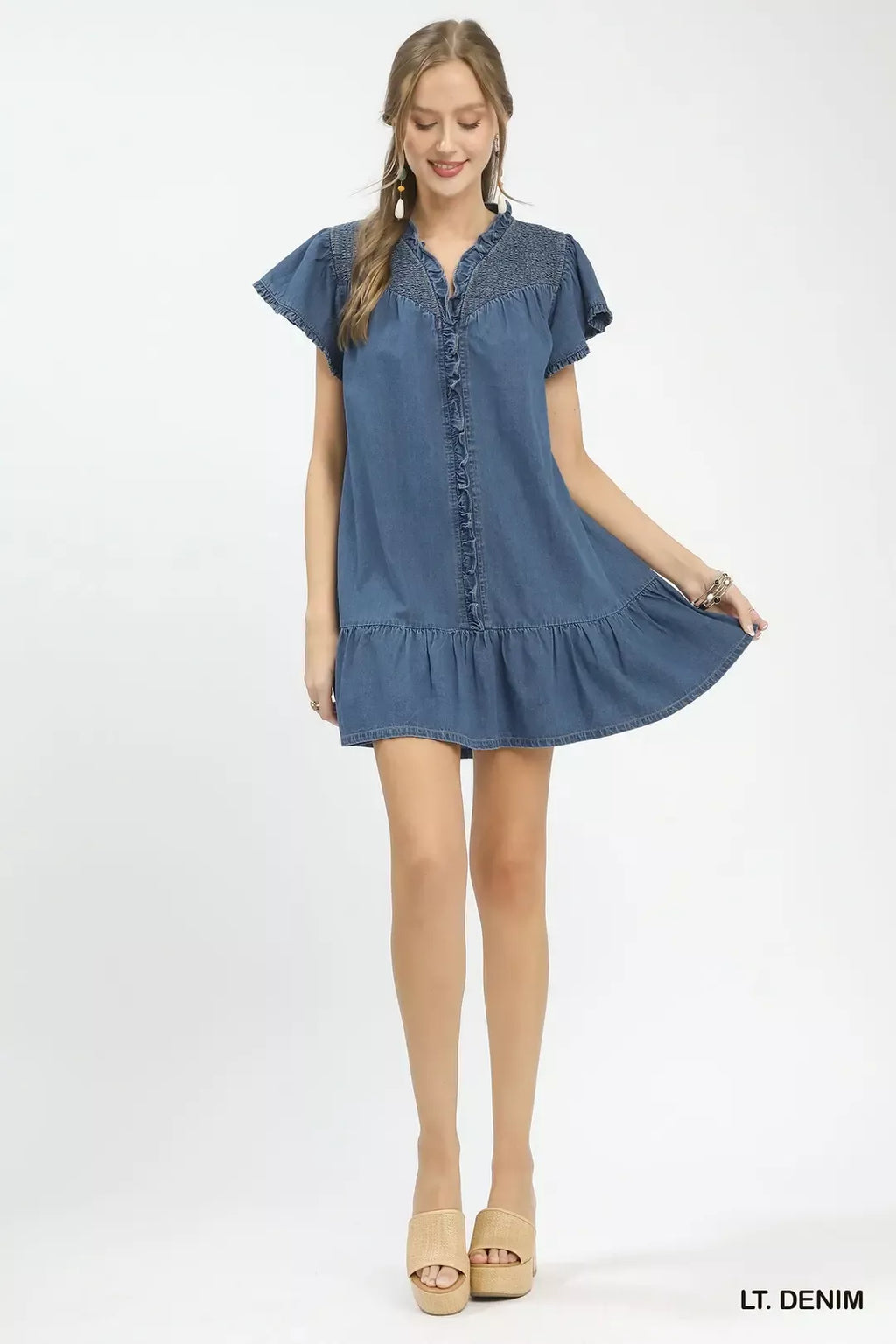 Ruffled Washed Denim Dress in Light Denim for Women
