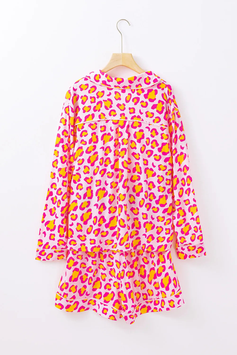 Leopard Collared Neck Long Sleeve Top and Shorts Lounge Set for Women