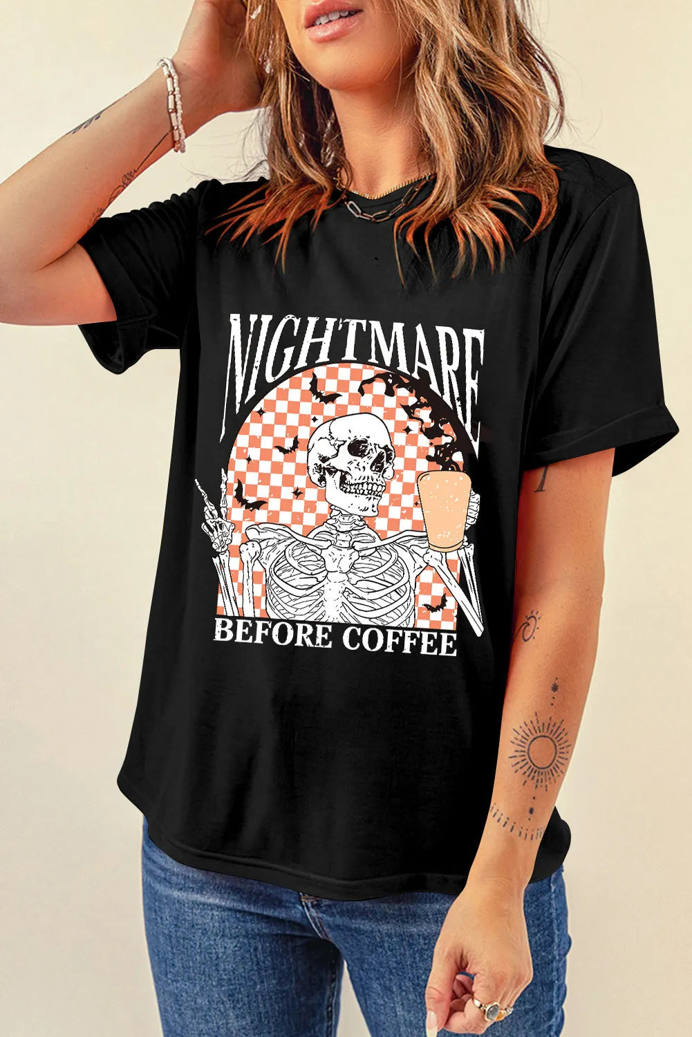 Graphic Round Neck Short Sleeve T-Shirt in Black for Women
