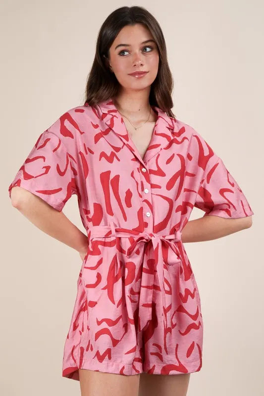 Oversized Printed Button Down Resort Romper for Women