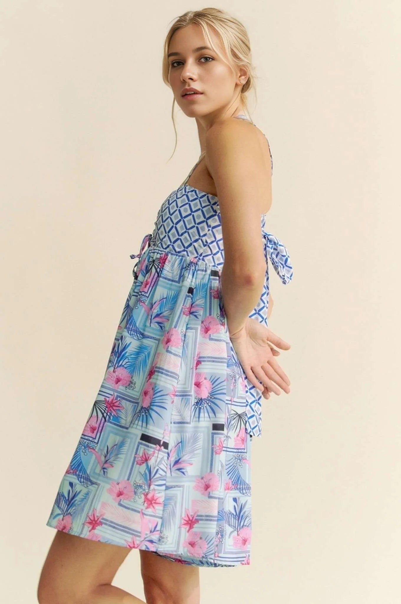 Tropical Floral Geo Print Tie Back Tube Top Romper for Women