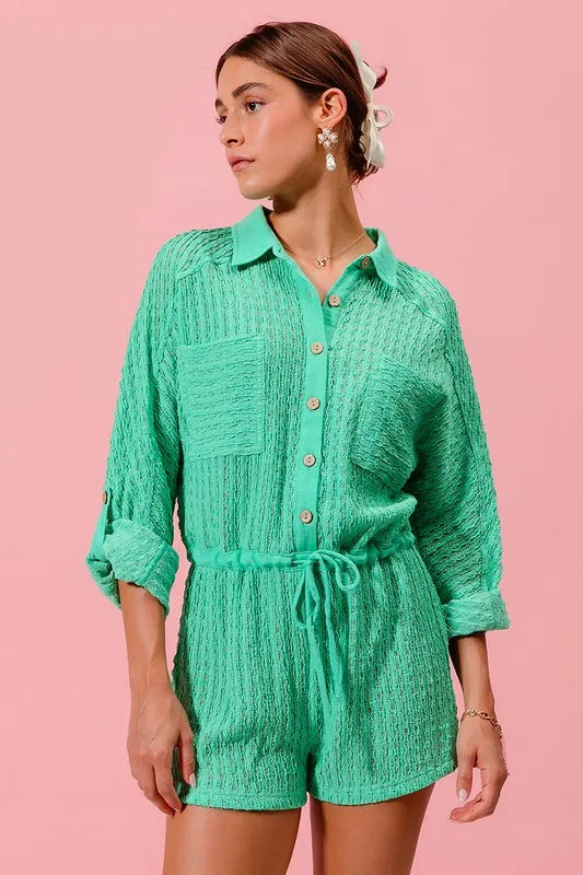 Textured Knit Button Front Romper in Mint for Women