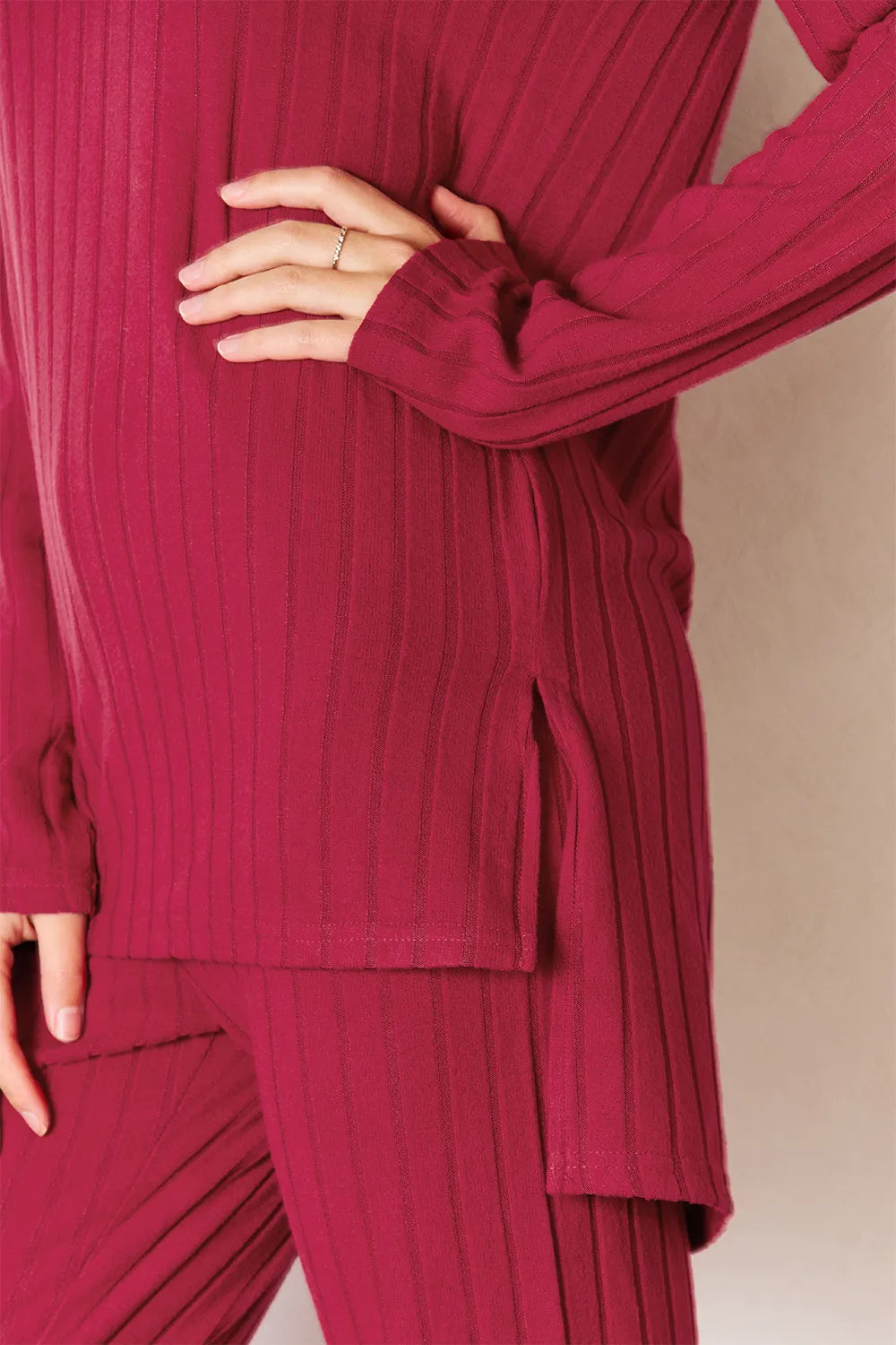 Plus Size Ribbed Round Neck High-Low Slit Top and Pants Set in Deep Red for Women