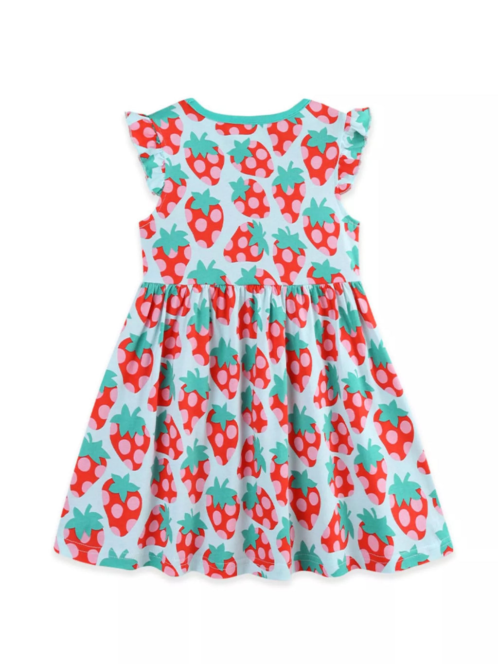 Strawberry Print Ruffle Sleeve Casual Dress in Multicolor for Girls