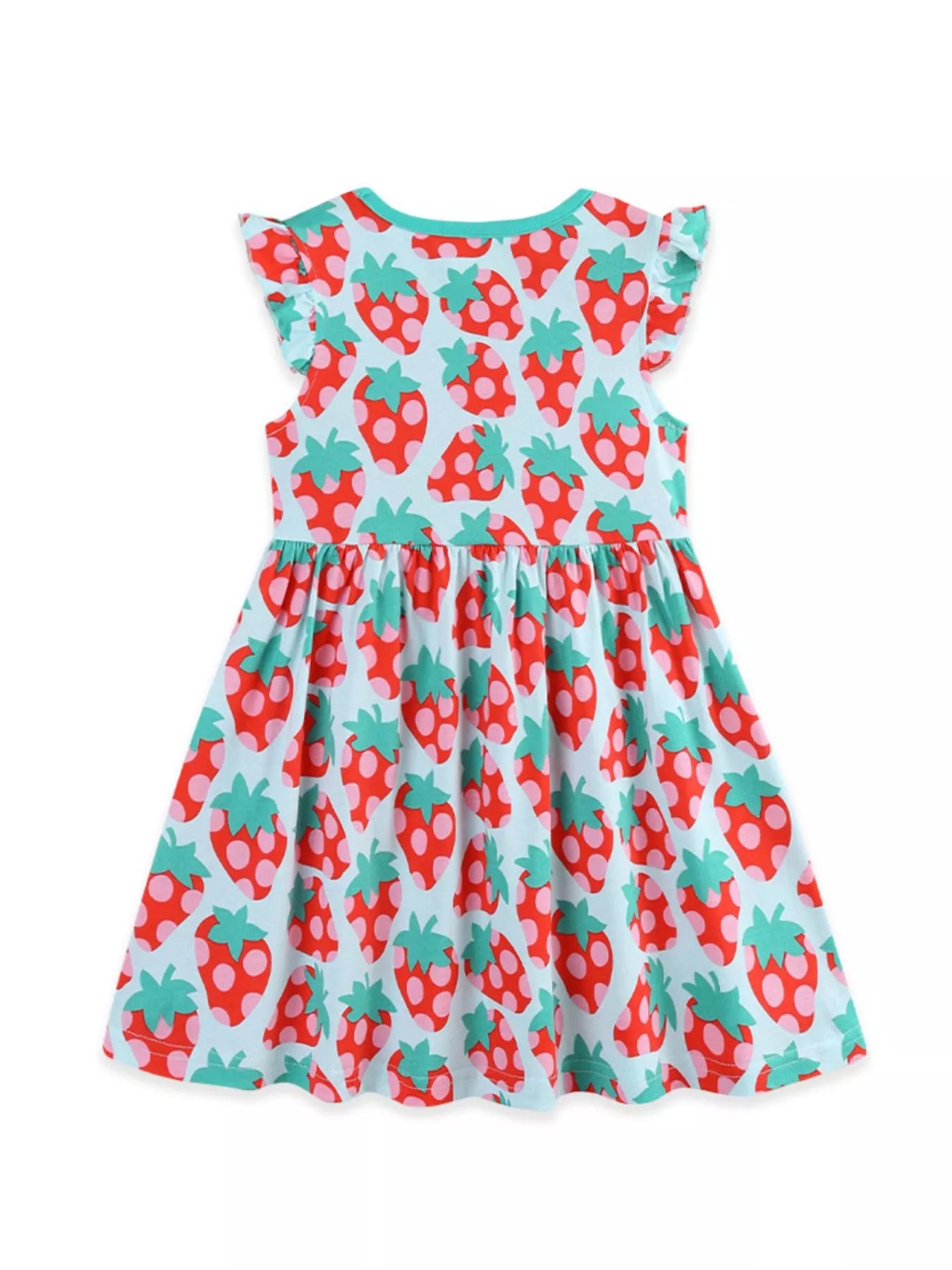 Strawberry Print Ruffle Sleeve Casual Dress in Multicolor for Girls