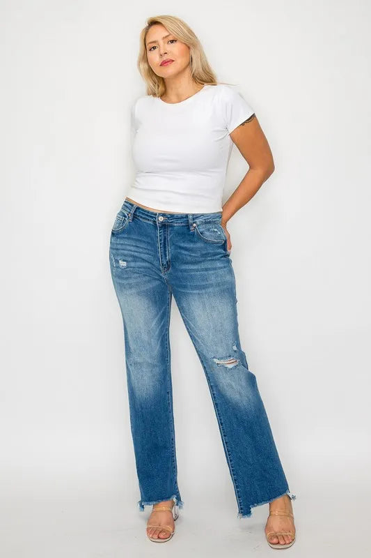 Plus Size Raw Hem Distressed Mid Rise Straight Jeans for Women