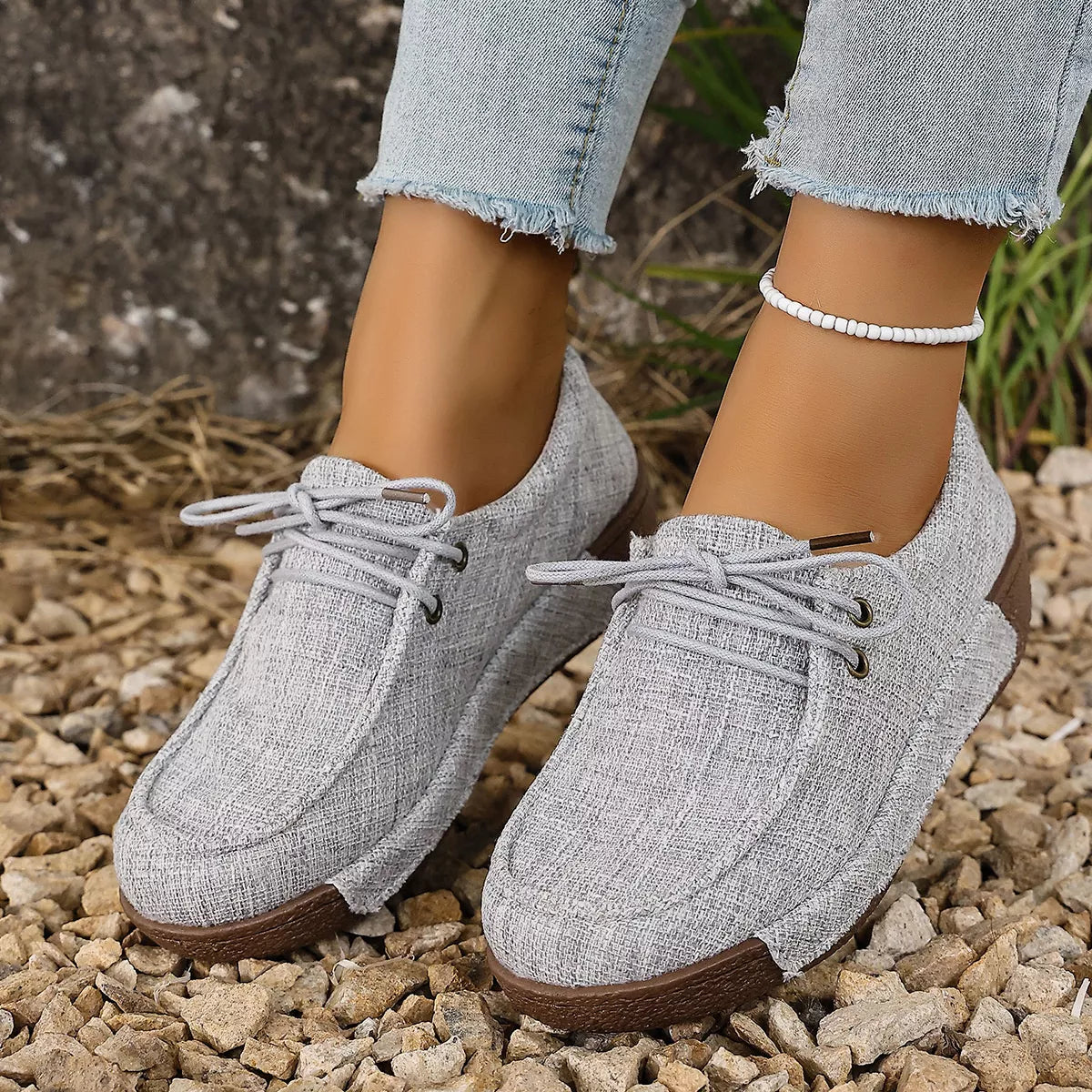 Round Toe Lace-Up Sneakers in Brown for Women