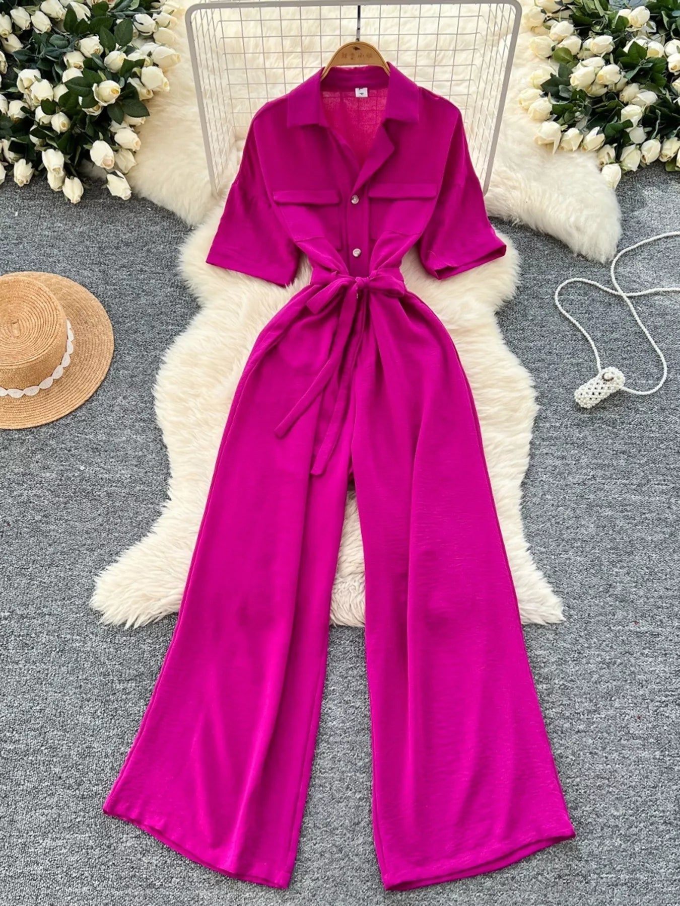 Pink Tie Waist Wide Leg Jumpsuit for Women
