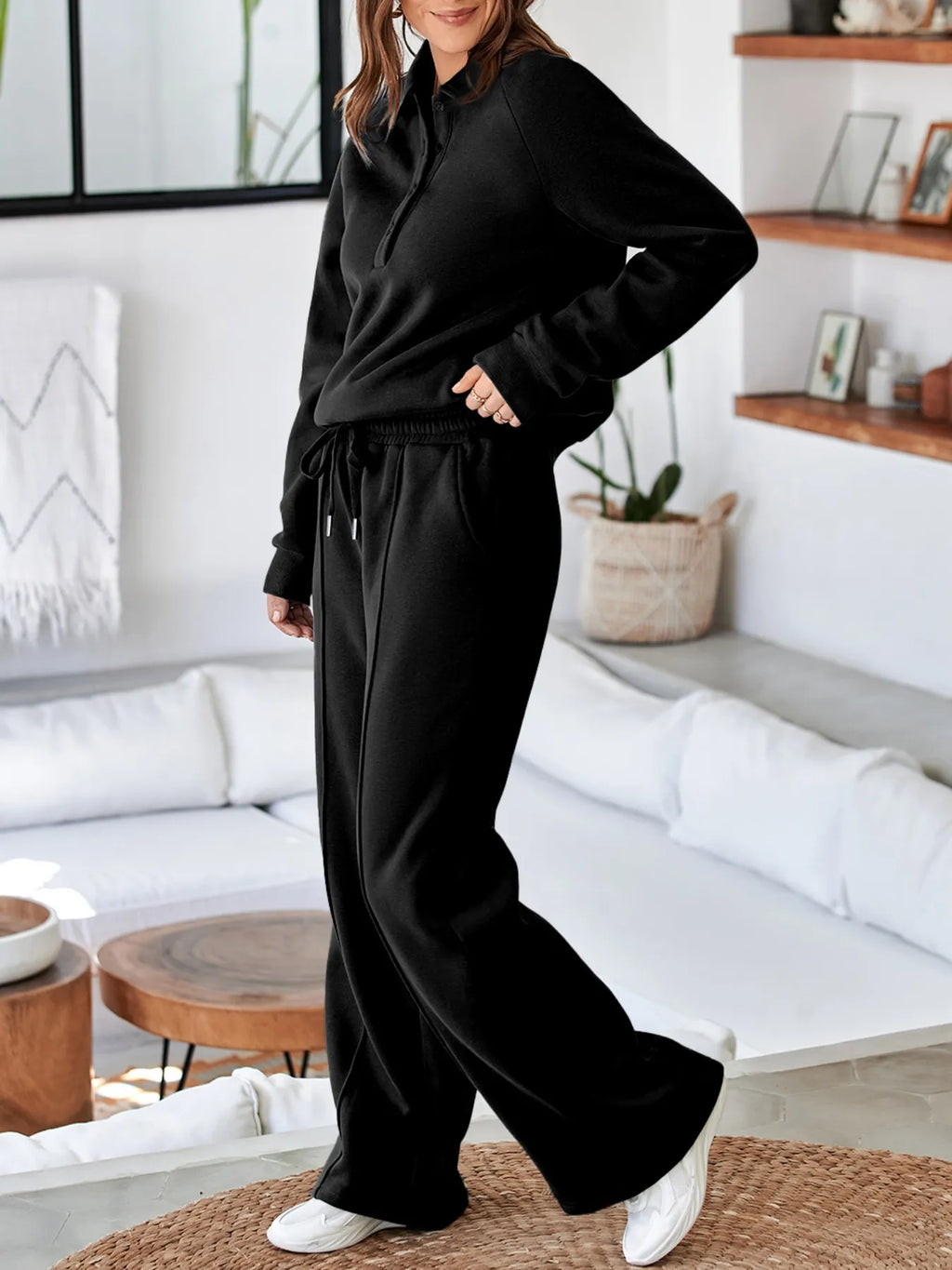 Collared Sweatshirt and High Waist Pants Active Set for Women