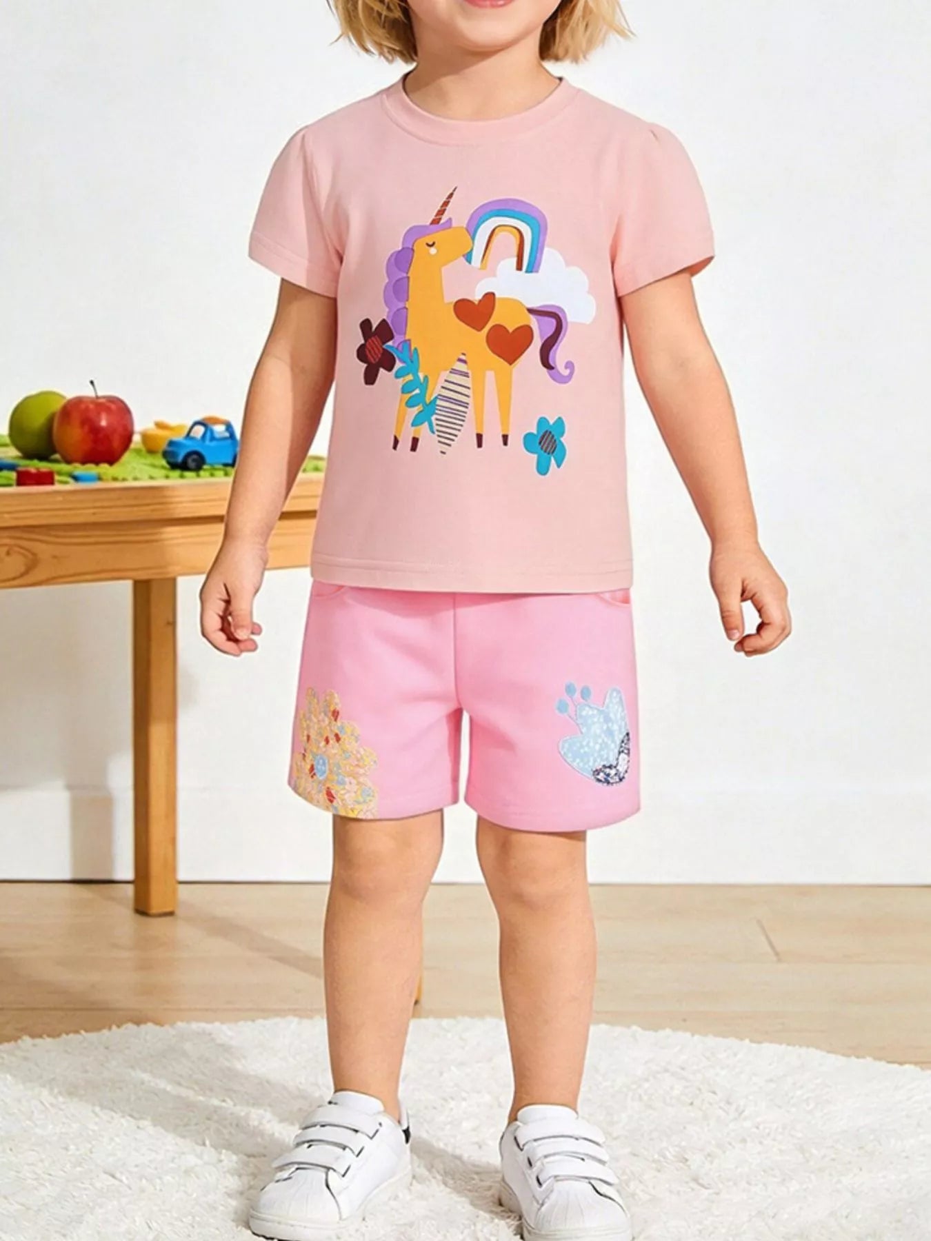 Unicorn Graphic Tee and Shorts Set in Blush Pink for Girls