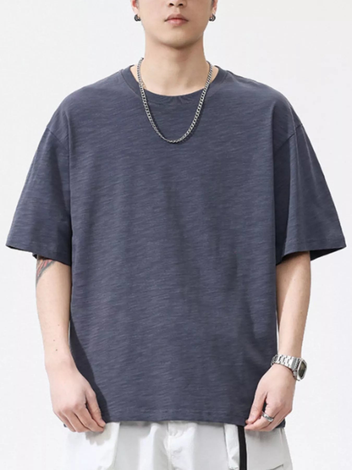 Plus Size Round Neck Half Sleeve T-Shirt in White for Men