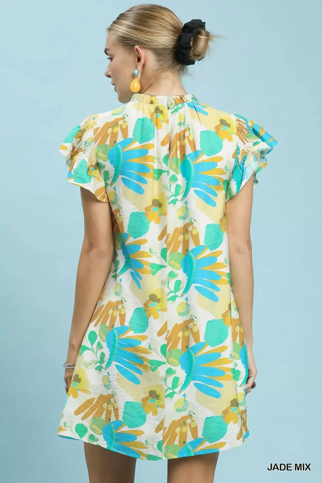 Ruffled Botanical Print Mini Dress in Jade Mix for Women