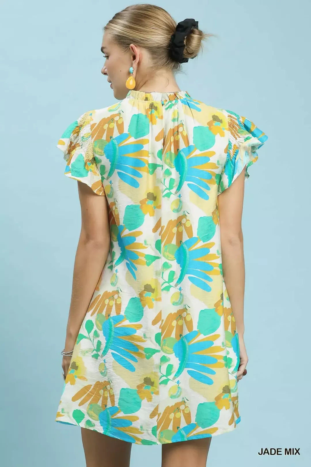 Ruffled Botanical Print Mini Dress in Jade Mix for Women