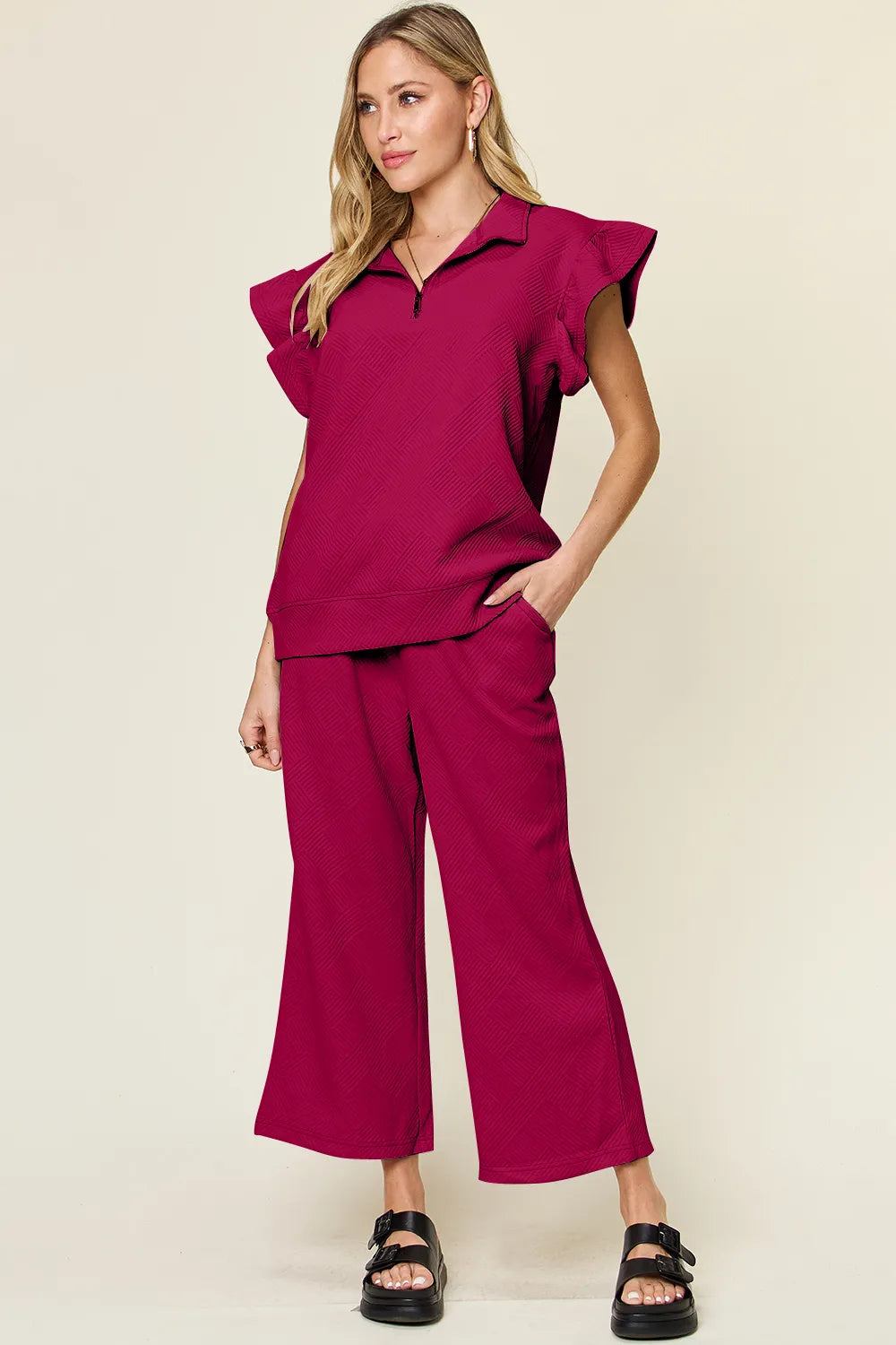 Texture Ruffle Short Sleeve Top and Drawstring Wide Leg Pants Set in Pink for Women