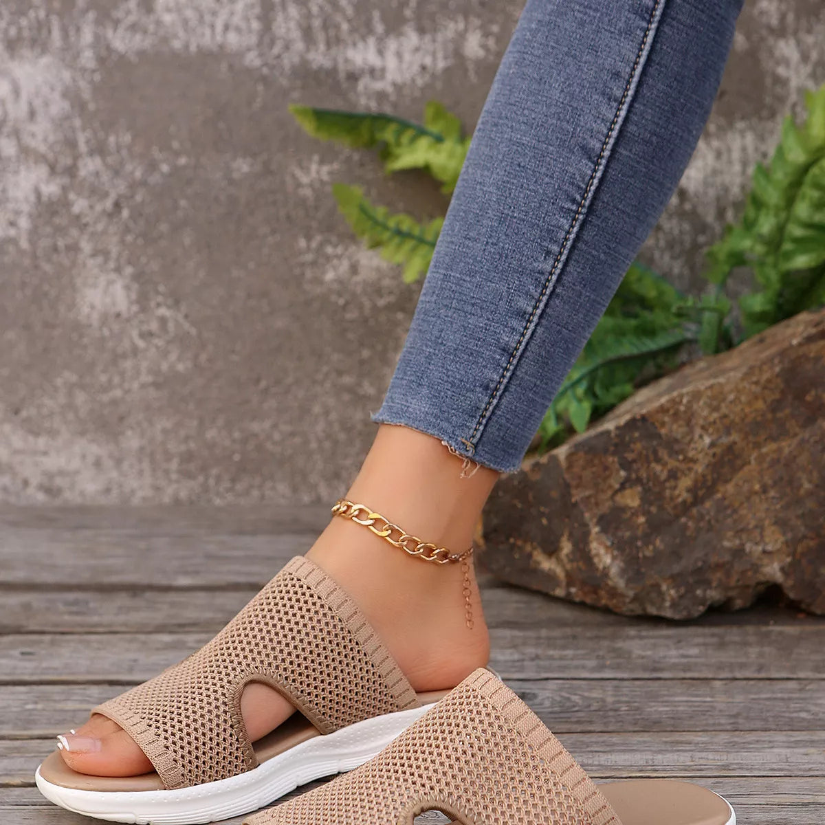 Breathable Mesh Open Toe Sandals in Khaki Color for Women