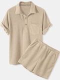 Button Detail Short Sleeve Top and Shorts Set Plus Size in Apricot for Men