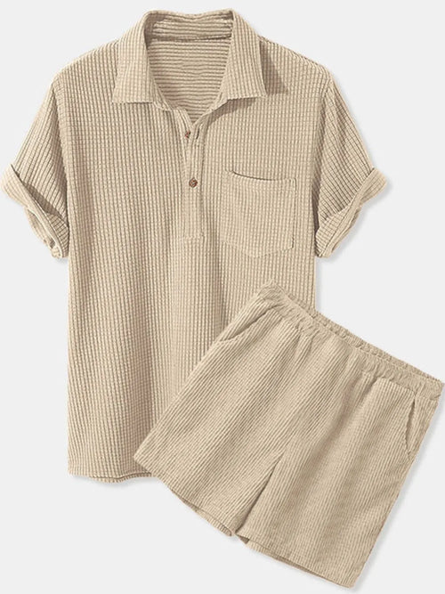 Button Detail Short Sleeve Top and Shorts Set Plus Size in Apricot for Men
