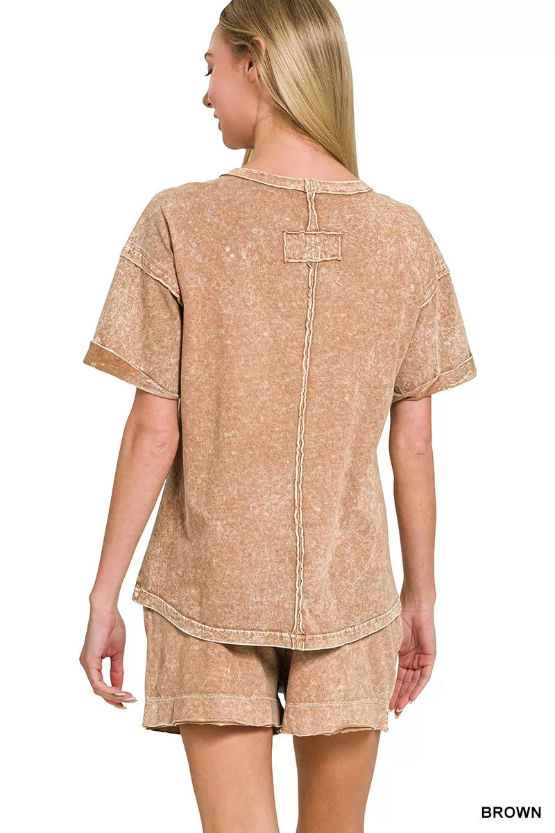 Halo Snow Washed Exposed Seam Top & Shorts Set in Brown for Women
