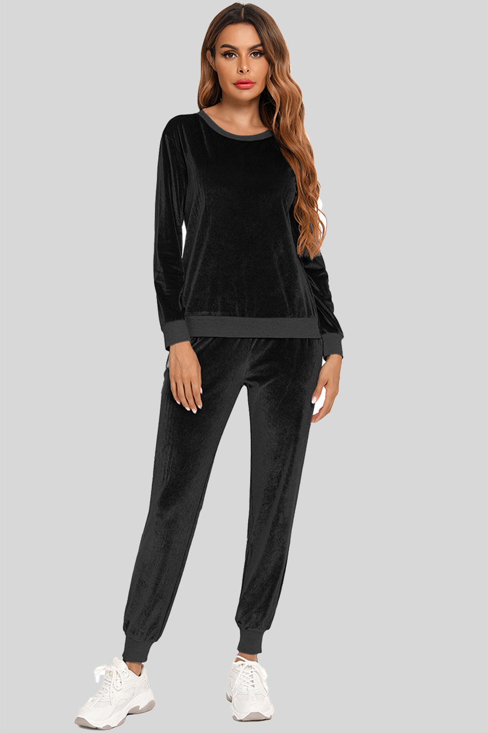 Round Neck Long Sleeve Loungewear Set with Pockets in Charcoal for Women