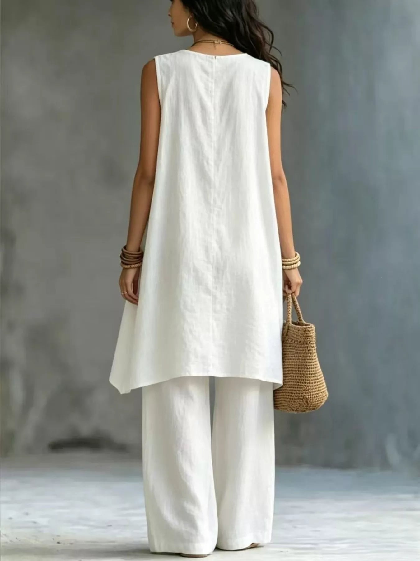Sleeveless Asymmetrical Top and Wide Leg Pants Set in White for Women