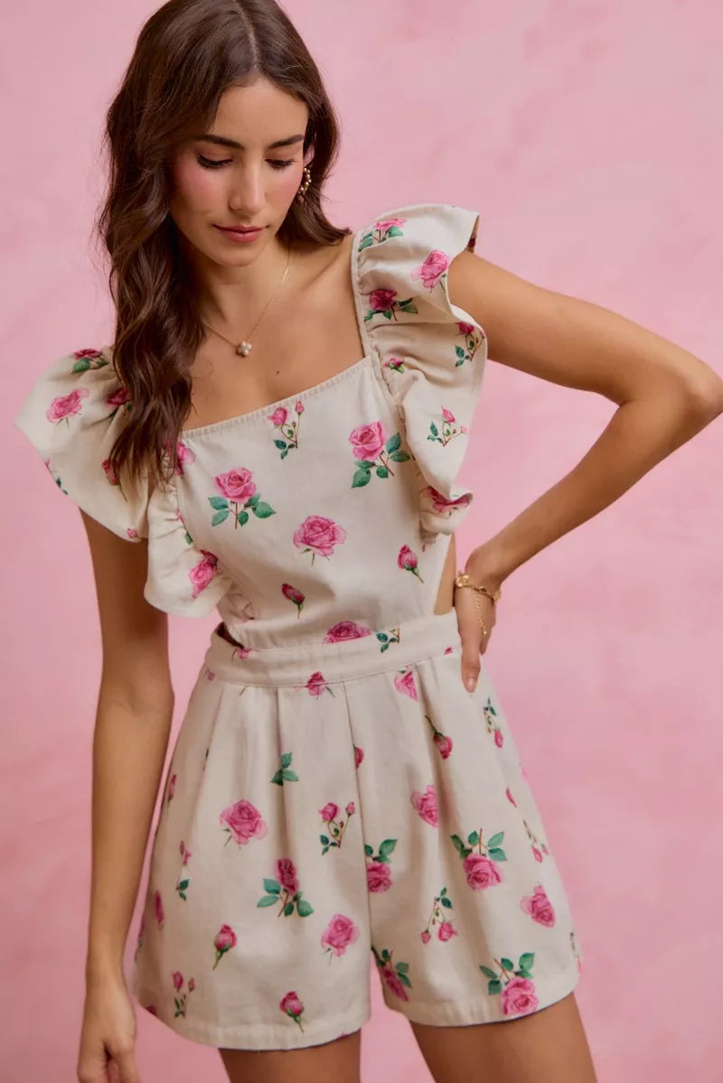Floral Print Denim Cut Out Waist Ruffled Romper for Women