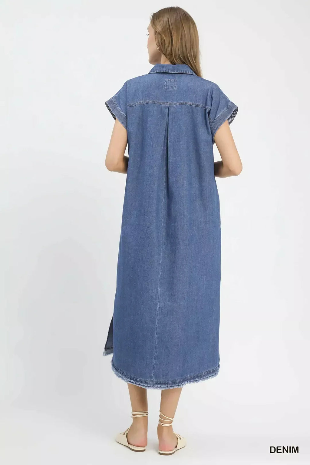 Stone Washed Collared Denim Midi Dress for Women