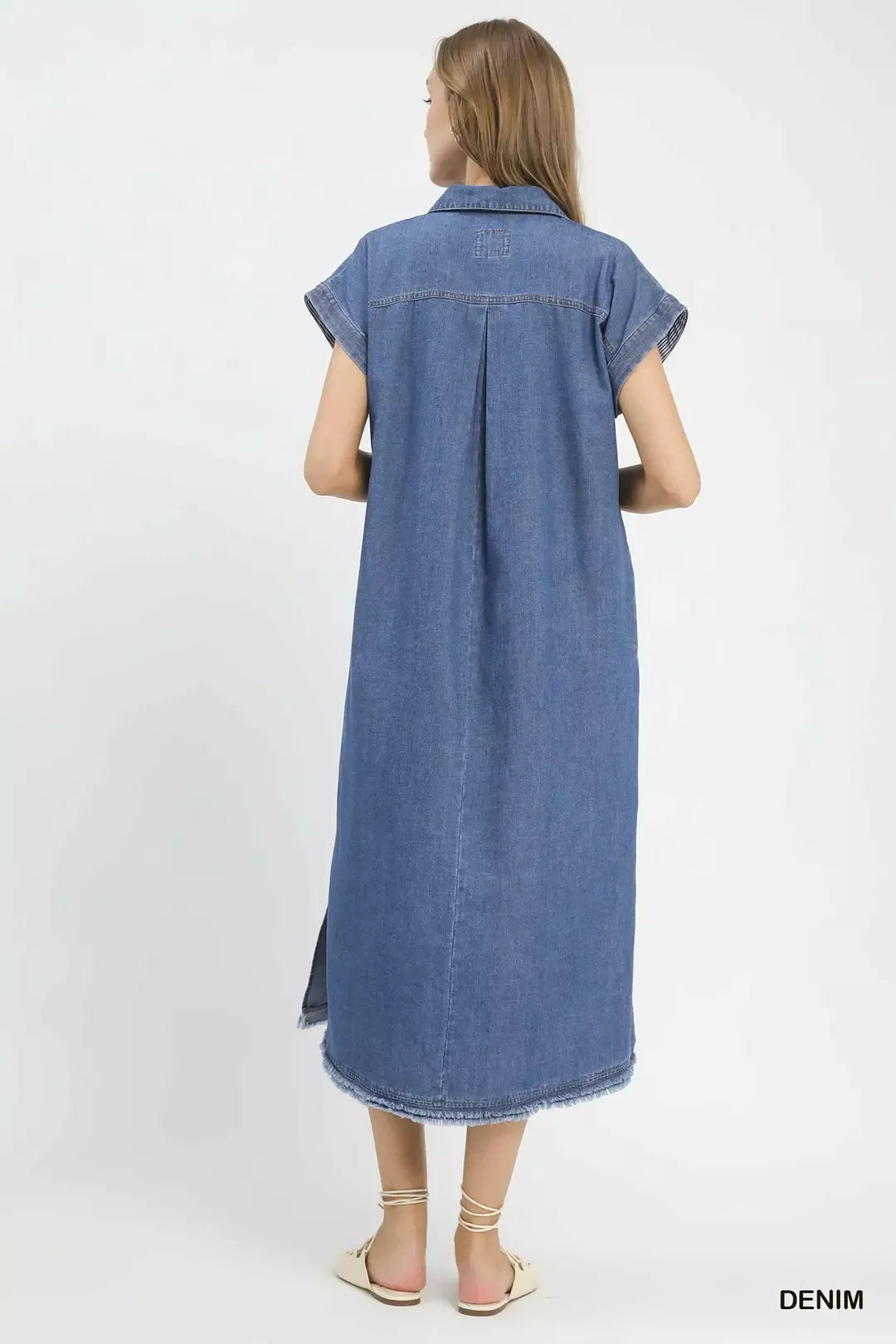 Stone Washed Collared Denim Midi Dress for Women