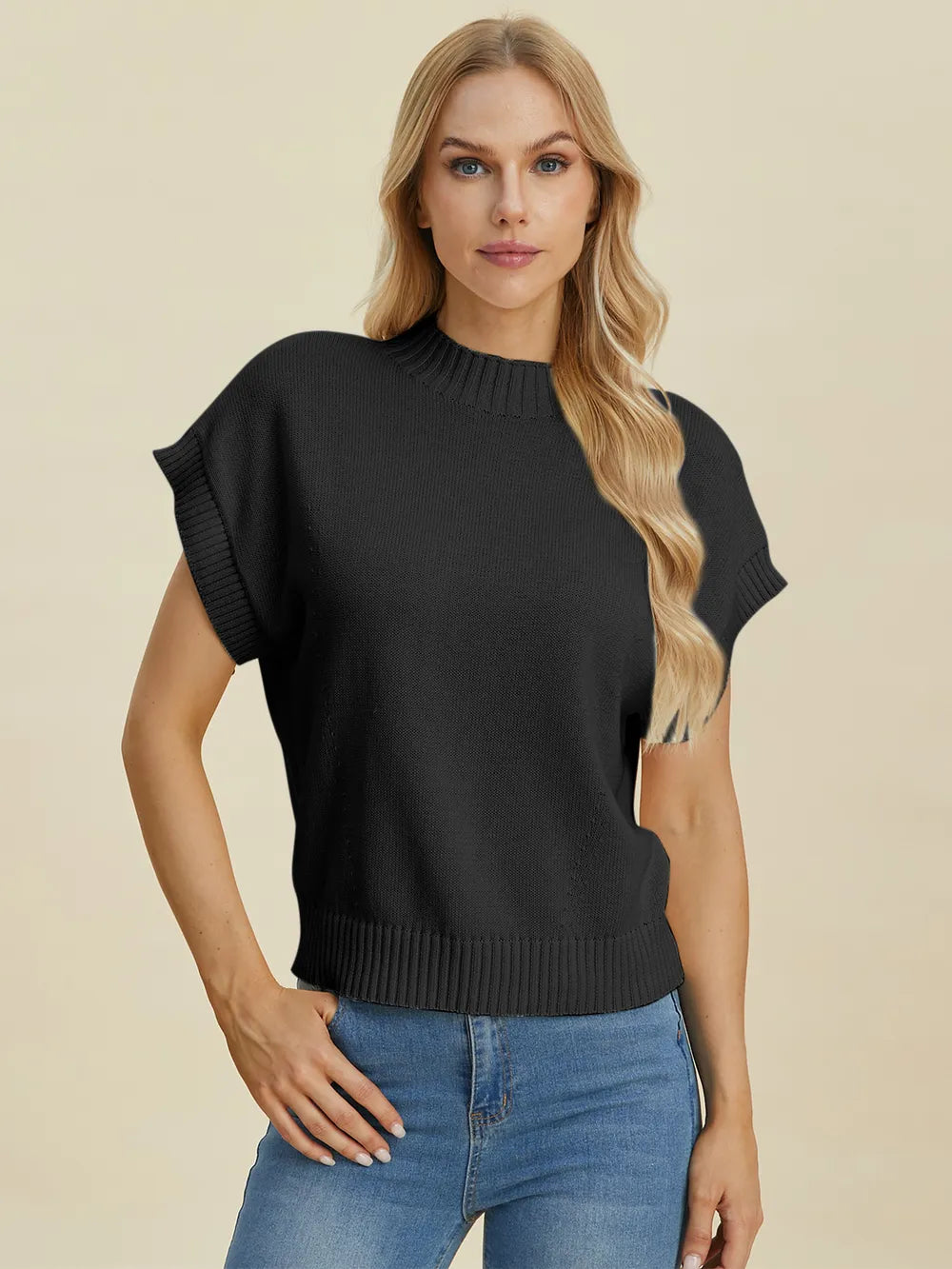 Plus Size Mock Neck Short Sleeve Sweater in Purple for Women