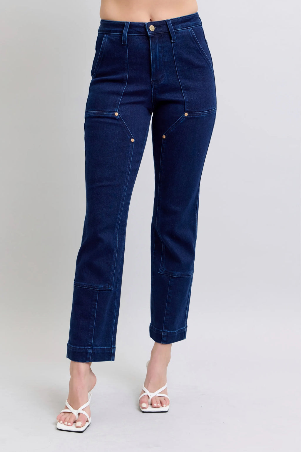 High Waist Work Wear Knee Patch Straight Jeans Plus Size in Dark for Women
