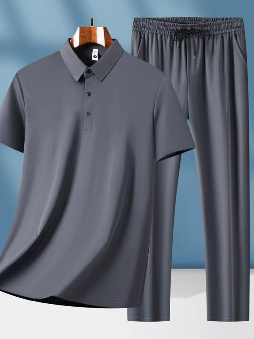 Plus Size Button Detail Short Sleeve Top and Pants Set in Black for Men