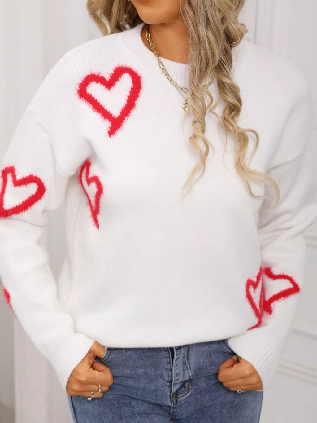 Valentines Day Heart Print Crew Neck Sweater in White for Women