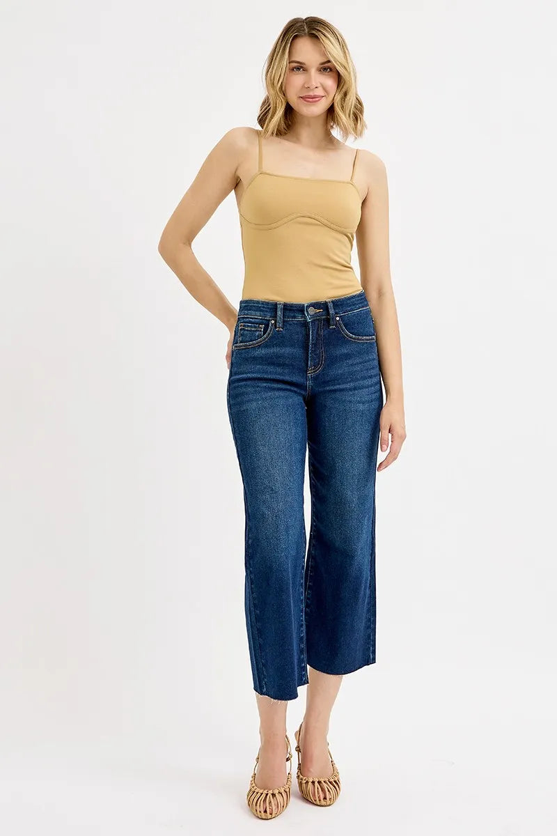 Tummy Control High Rise Crop Wide Jeans Plus Size in Dark for Women