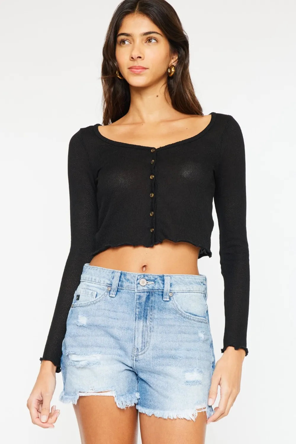 High Waist Frayed Denim Shorts in Medium for Women